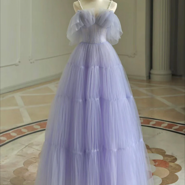 long prom dress , A-Line Tulle Purple Long Prom Dress, Purple Long Graduation Dress