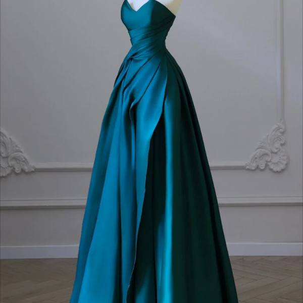 long prom dress , A-Line Strapless Satin Peacock Blue Long Prom Dress, Simple Peacock Blue Evening Dress