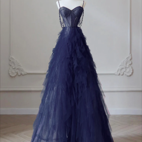 long prom dress , A-Line Sweetheart Neck Tulle Dark Blue Long Prom Dress, Dark Blue Long Graduation Dress with Beads