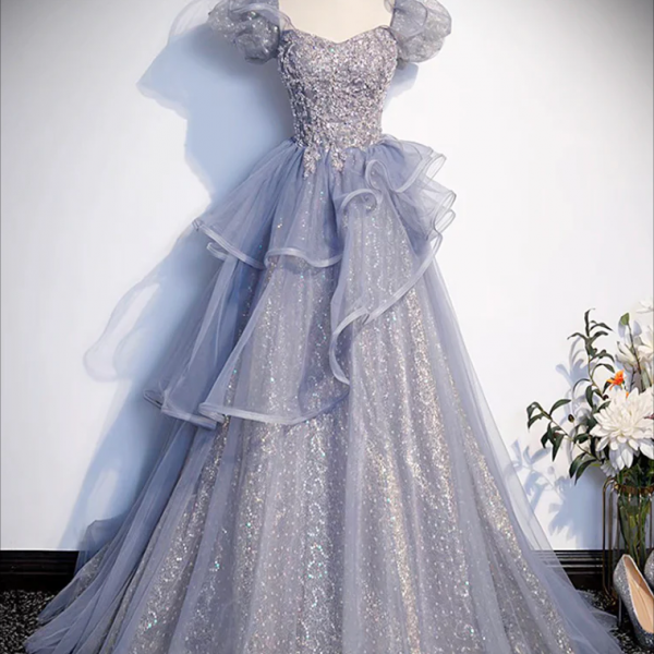 long prom dress , A-Line Sweetheart Neck Tulle Sequin Gray Blue Long Prom Dress, Gray Blue Long Formal