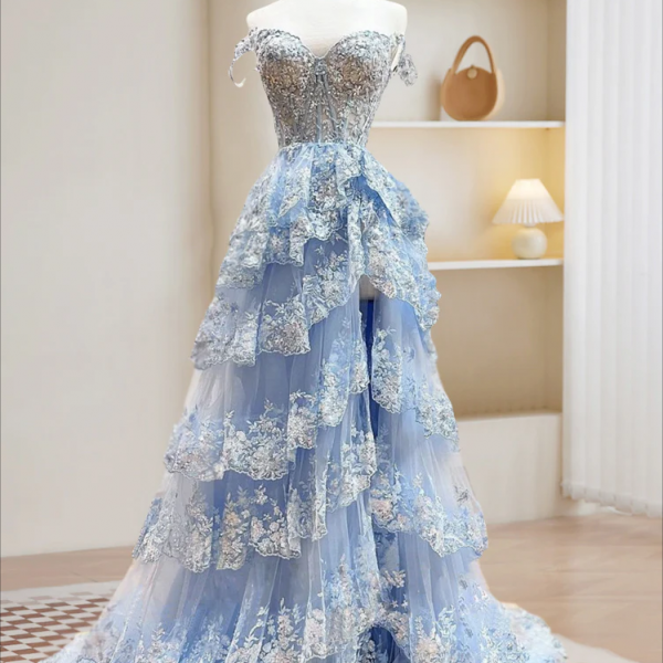 long prom dress , A-Line Tulle Sequin Blue Long Prom Dress, Blue Sequin Long Formal Dress