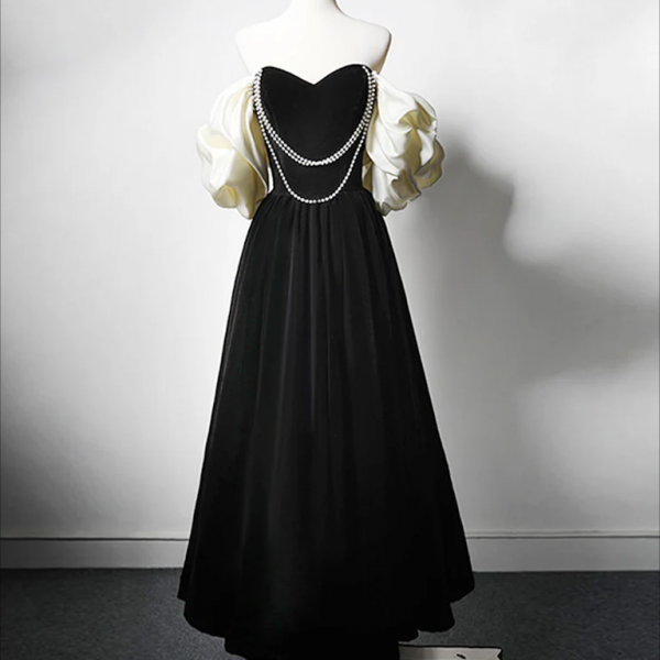 long prom dress , A-Line Velvet Tea Length Black Prom Dress, Tea Length Black Formal Dress