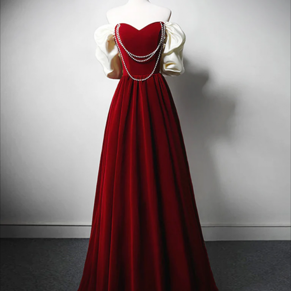 long prom dress , Burgundy A-Line Off Shoulder Velvet Lace Long Prom Dress, Burgundy Long Formal Dress