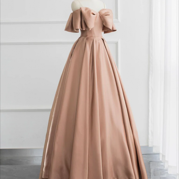 long prom dress ,Champagne A-Line Off Shoulder Satin Long Prom Dress, Champagne Formal Dress