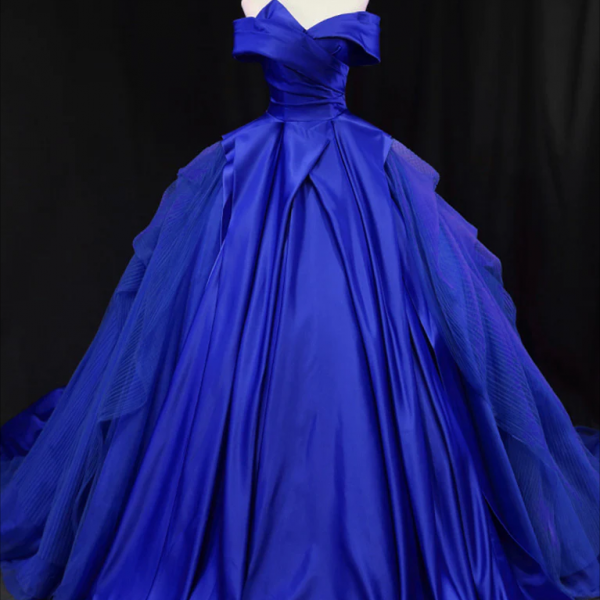 long prom dress ,Off Shoulder Tulle Satin Blue Long Prom Gown, Blue Long Evening Dress