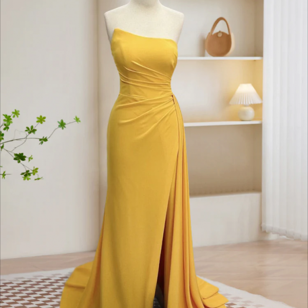long prom dress ,Simple Yellow Satin Long Prom Dress, Yellow Formal Dress