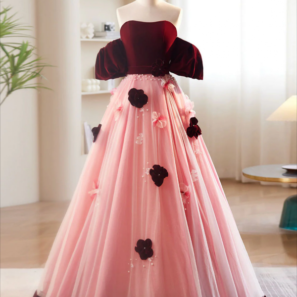 long prom dress ,A-Line BurgundyPink Tulle Velvet Long Prom Dress, Burgundy Formal Dress
