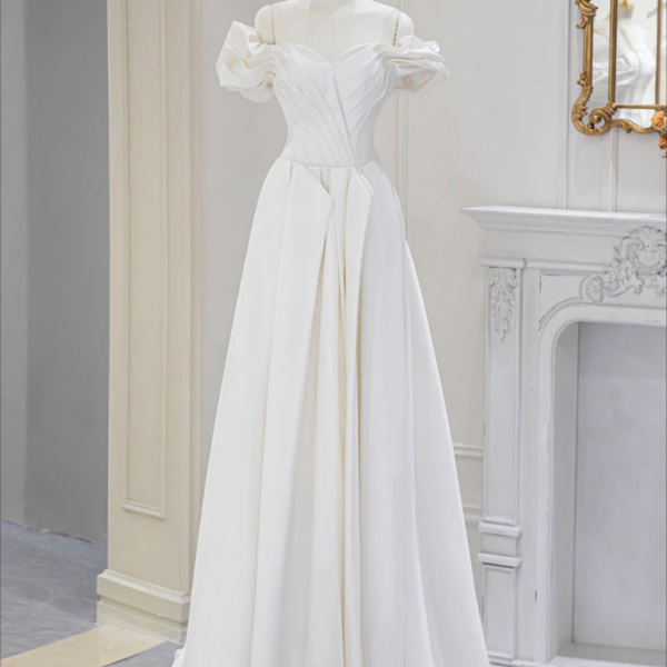 long prom dress ,A-Line Off Shoulder Satin ivory Long Prom Dress, Ivory Long Bridesmaid Dress