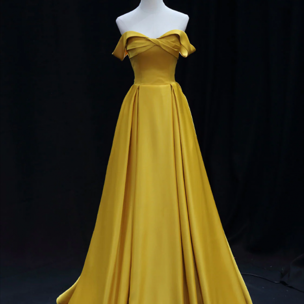 long prom dress ,Simple Off Shoulder Yellow Satin Long Prom Dress, Yellow Formal Evening Dress