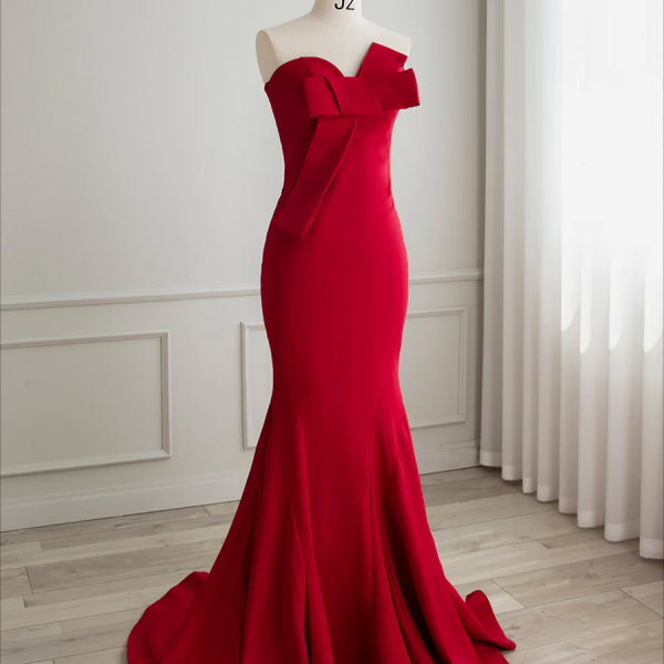 long prom dress ,Simple Red Satin Mermaid Long Prom Dress, Red Formal Evening Dress