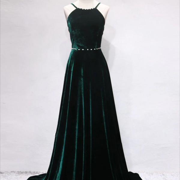 long prom dress ,A-Line Backless Green Velvet Long Prom Dresses, Green Formal Evening Dresses