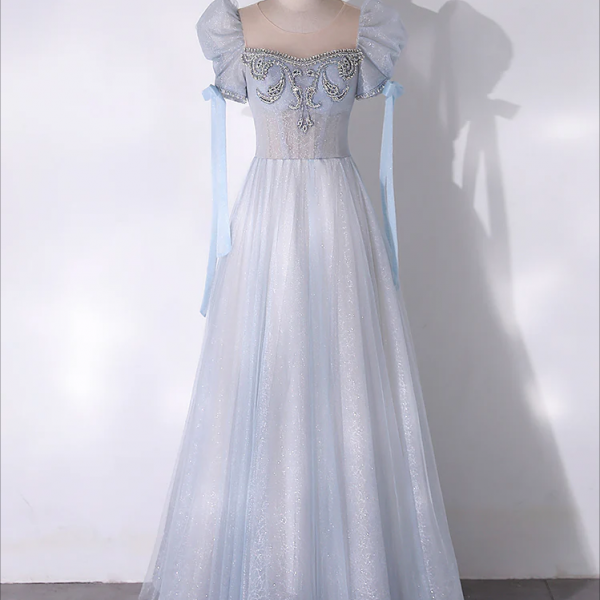 long prom dress ,A-Line Scoop Neckline Tulle Light Blue Long Prom Dress with Beads