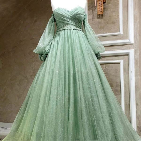 long prom dress ,A-Line Sweetheart Neck Tulle Green Long Prom Dress, Green Formal Evening Dress