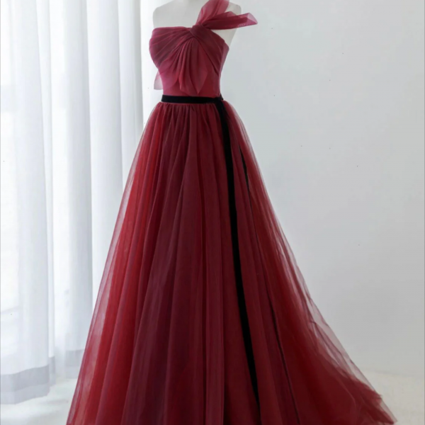long prom dress ,A-Line Tulle Burgundy Long Prom Dress, Burgundy Formal Evening Dress