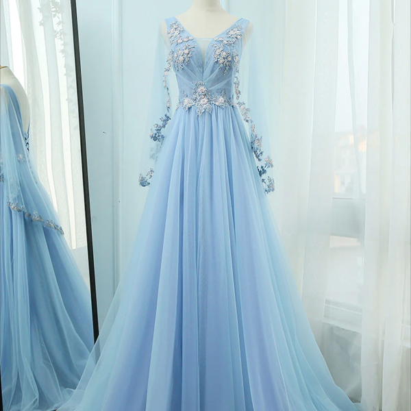 long prom dress ,A-Line V Neck Tulle Lace Blue Long Prom Dresses, Blue Formal Evening Dress