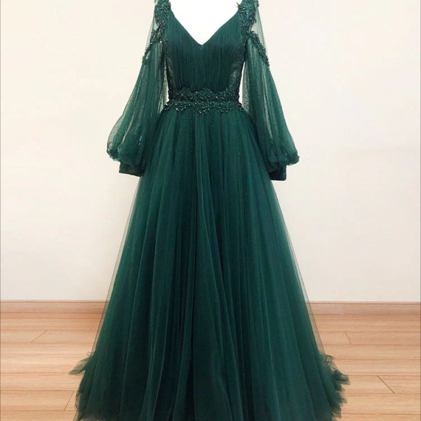 long prom dress ,A-Line V Neck Tulle Lace Green Long Prom Dress, Green Formal Evening Dresses