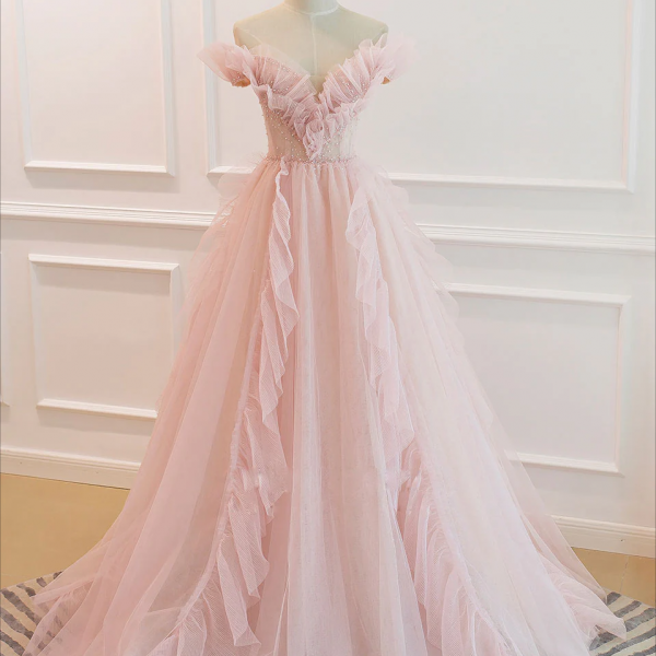 Classy A line Strapless Pink Chiffon Slit Long Evening Dress Prom Dresses