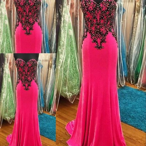 Hot Pink Sweetheart Chiffon Prom Dresses With Black Applique Beaded Sheath Backless Evening Dresses Party Dresses Pageant Dress Gowns