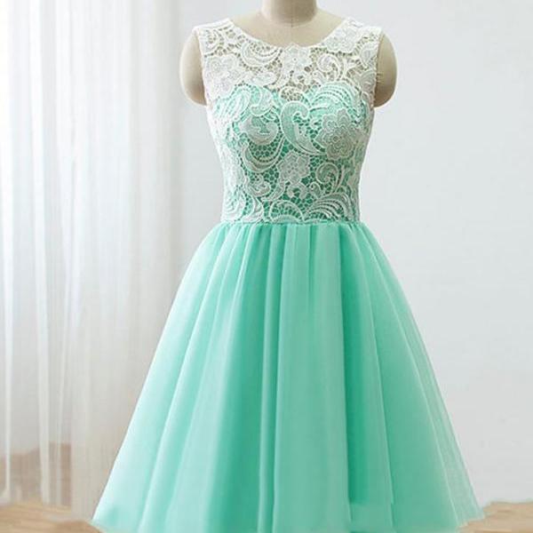 Lovely Handmade Short Mint Chiffon Prom Dress With Lace, Homecoming ...