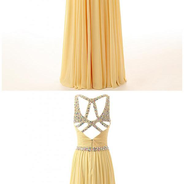 Long Chiffon A-Line Prom Dress Featuring Beaded Embellished Spaghetti