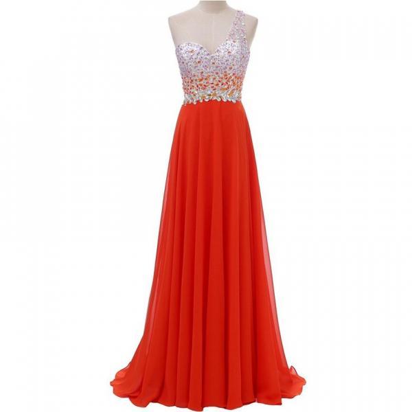 Elegant Long Prom/evening Dress - Red One Shoulder With Beaded on Luulla