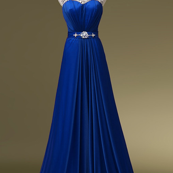 Royal Blue Long Chiffon Floral Beadings Scoop A Line Evening Gown Prom ...