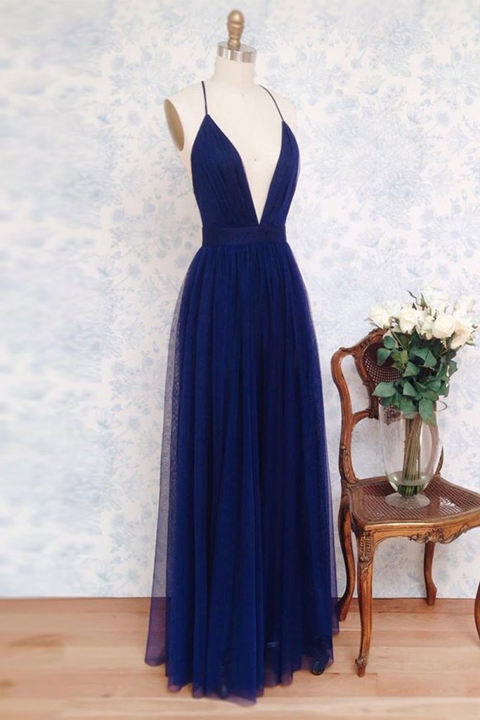 Simple V Neck Dark Blue Tulle Long Prom Dress, Evening Dress on Luulla