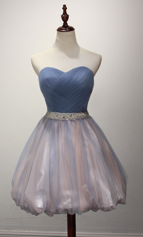 Glamorous Dusty Blue Tulle Pink Cocktail Dress Pleated Sweetheart Neck ...