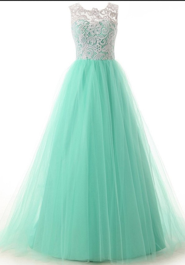 Lace Elegant Mint Green Tulle Prom Dresses,Scoop Neck Sleeveless A Line ...