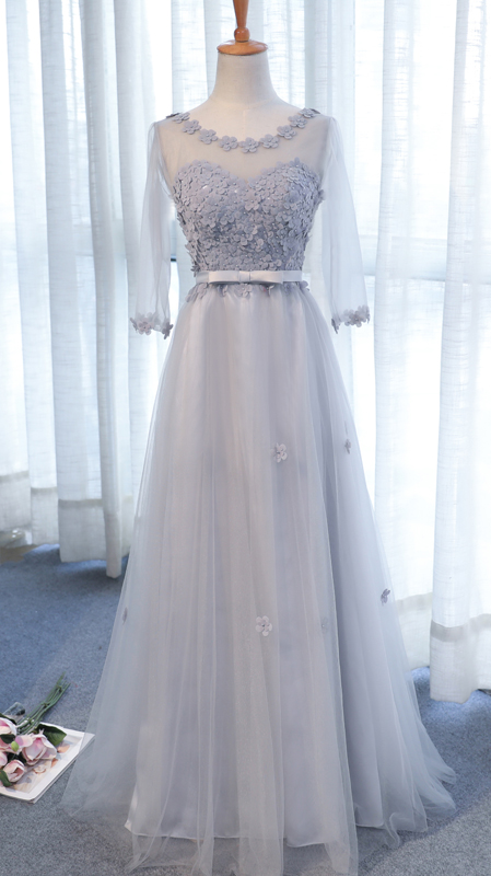 Pearls Flowers Gray Tulle Prom Dresses,scoop Neck A Line Sleeved Party ...