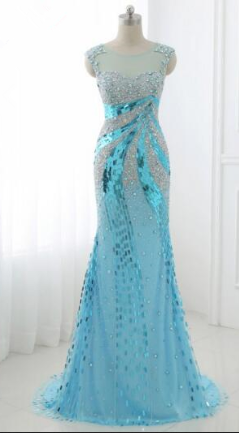 Fashionable Women's Party Dress Blue Beaded Sequins Mermaid Dance Dress ...