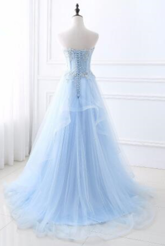 Sexy Backless Luxury Beading Crystal Evening Dress Gown Long Sky Blue