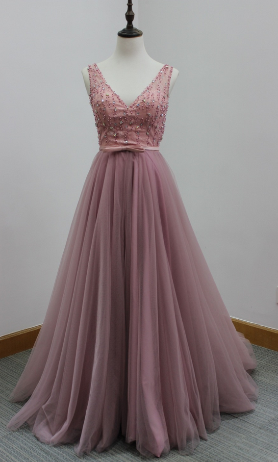 V Neck Long Tulle Prom Dress With V Back on Luulla