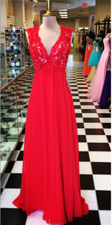 Open Back Long Red Chiffon Prom Dress With Lace Bodice on Luulla