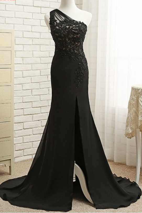 Elegant Long Black One Shoulder Mermaid Evening Dresses With Slit