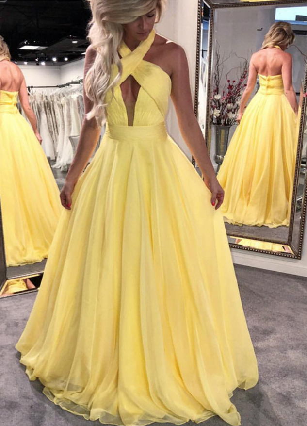 Halter Prom Dress,yellow Prom Dress,long Prom Dress,chiffon Prom Dress,open Back Prom Dresses on