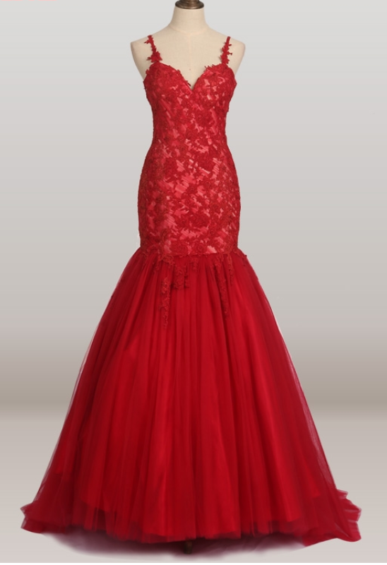 Red Gauze Mermaid Lace Wedding Gown Evening Party Dress For The