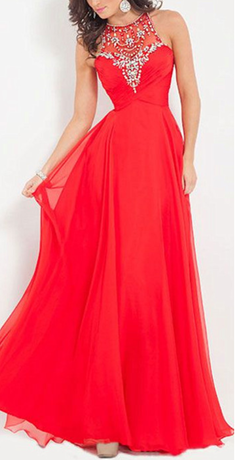 Red Chiffon Prom Dresses Crystals Beaded Party Dresses Floor Length ...