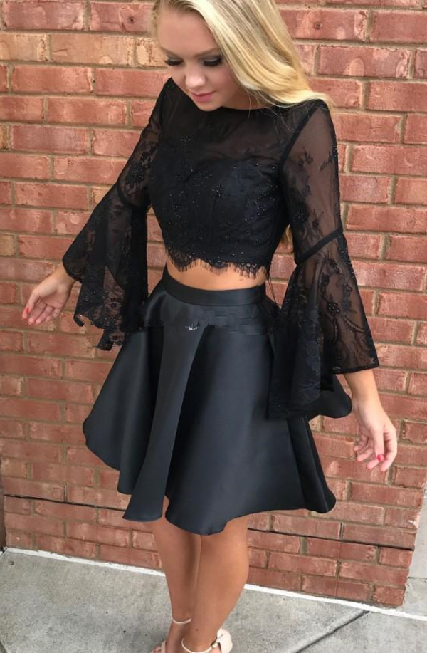 Sexy Two Pieces Backless Black homecoming prom dresses, Black Cocktail Dresses, CM0019 main image 1