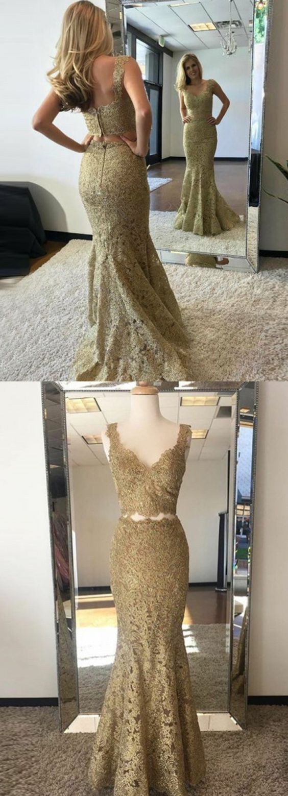Mermaid V Neck Criss Cross Gold Lace Prom Dress LBQ3049 main image 1
