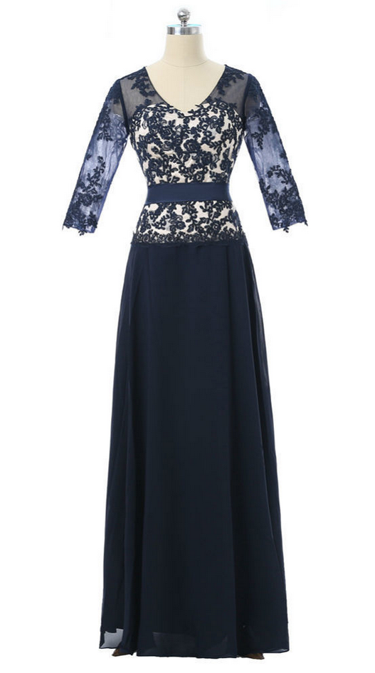 A-line V-neck Half Sleeves Navy Blue Mother Of The Bride Dresses ...