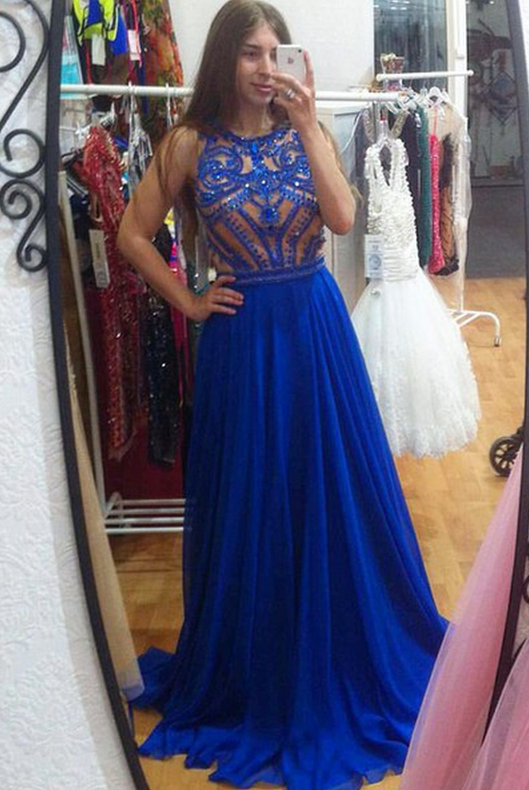 Glamorous Blue Evening Dress with Long Sleeves and Beads