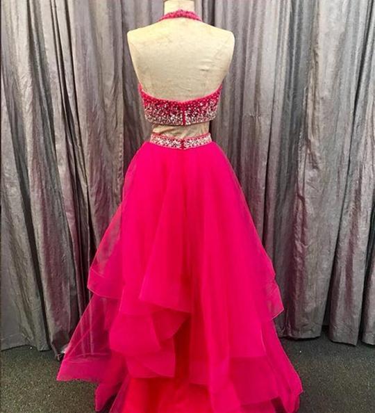 Two Pieces A Line Halter Appliques Tulle Beadings Prom Dress LBQ2012