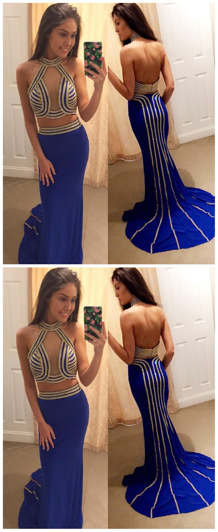 Halter Long Mermaid Two-piece Lace Top Print Flowers Prom Dresses