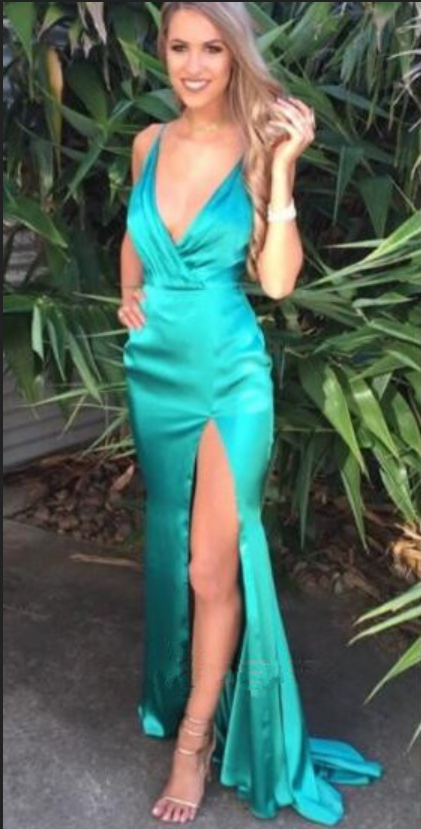 V Neck Prom Dresssatin Prom Dressbackless Evening Dresseshigh Slit Formal Gownssexy Prom 8239