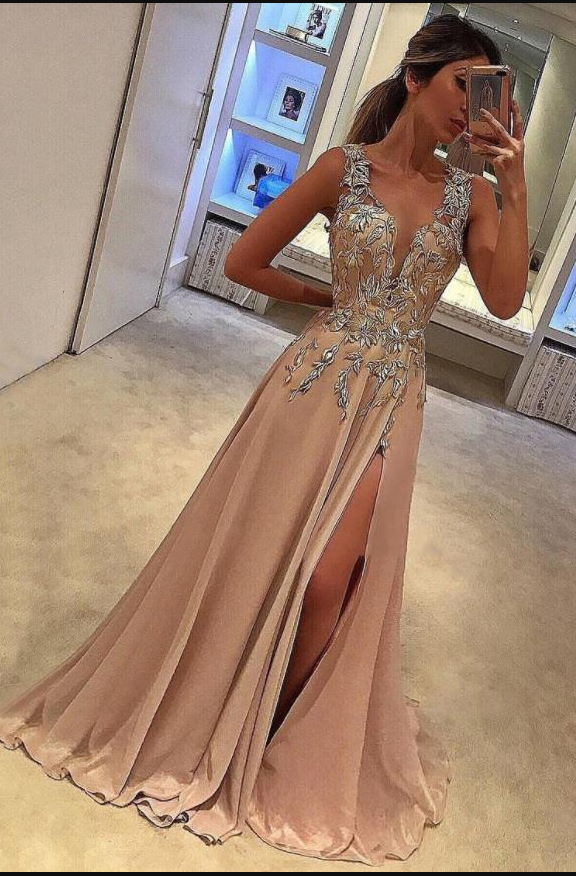 Tank Straps Pageant Dress, Slit Applique Prom Gown Dress on Luulla