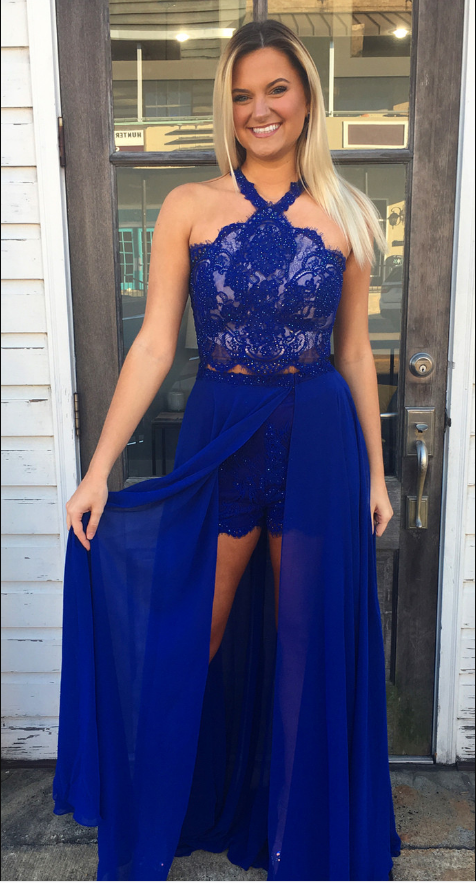 Royal Blue Lace Prom Dress, Sexy Sleeveless Removable Chiffon Prom ...