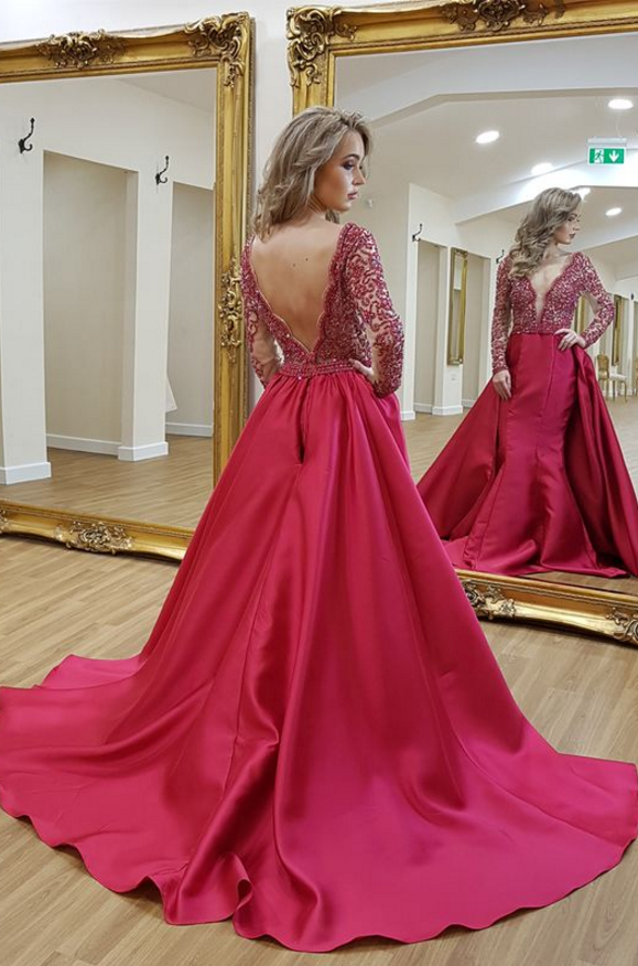 Modest Red Prom Dressv Neck Long Prom Dresses With Sleeves Unique Backless Long Sleeves 4723