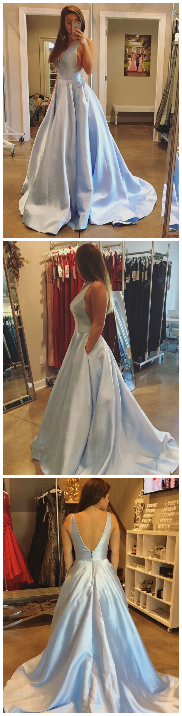 Stylish A-line V Neck Satin Long Prom Dresses with High Slit main image 1