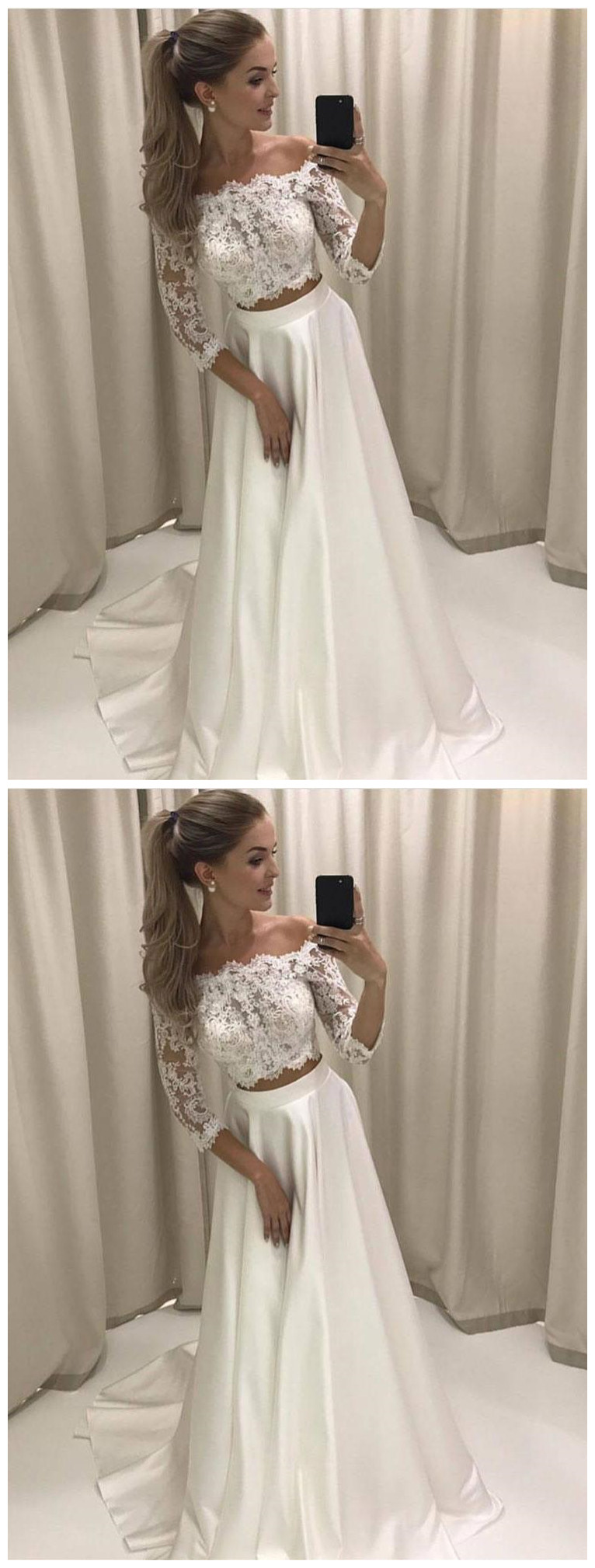 A-line/Princess Lace Bodice 3/4 Sleeves Two Pieces Simple Wedding ...